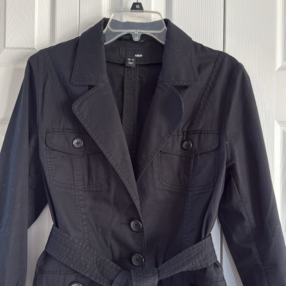 H&M Women's Rich Black Cotton-Blend Belted Waist Utility-Style Jacket - Size 14 - Picture 3 of 11